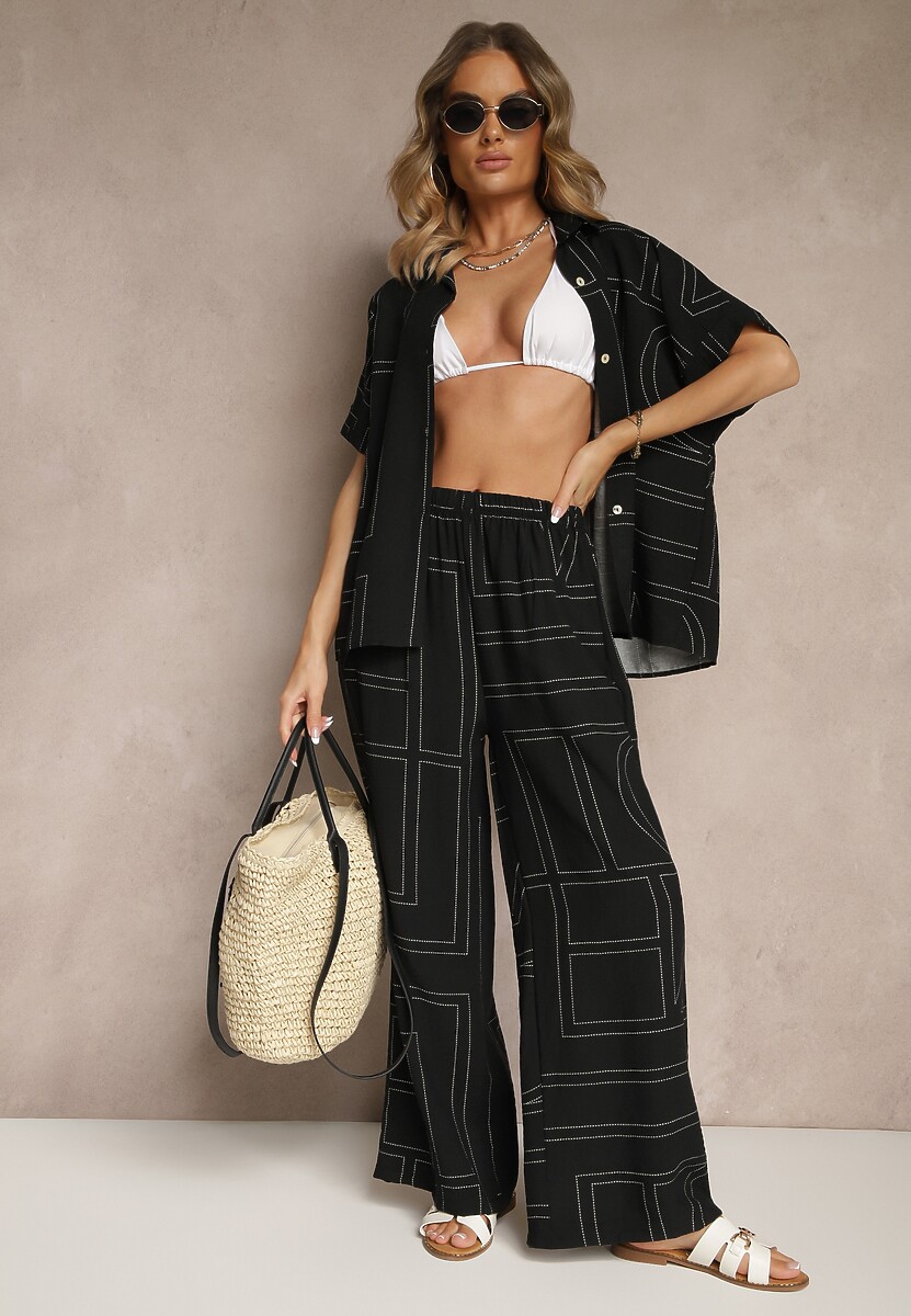 Czarny Komplet z Wiskozą i Lnem Spodnie i Koszula z Geometrycznym Motywem Fevalette