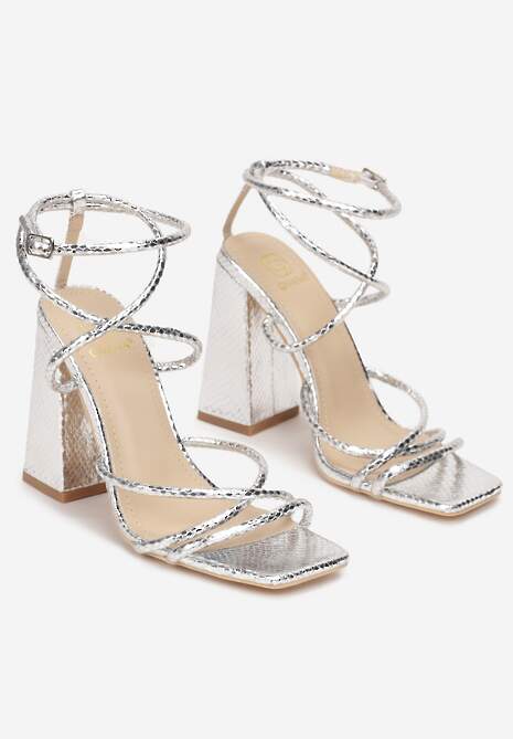 Srebrne Metaliczne Sandały na Stożkowym Obcasie Rimallis