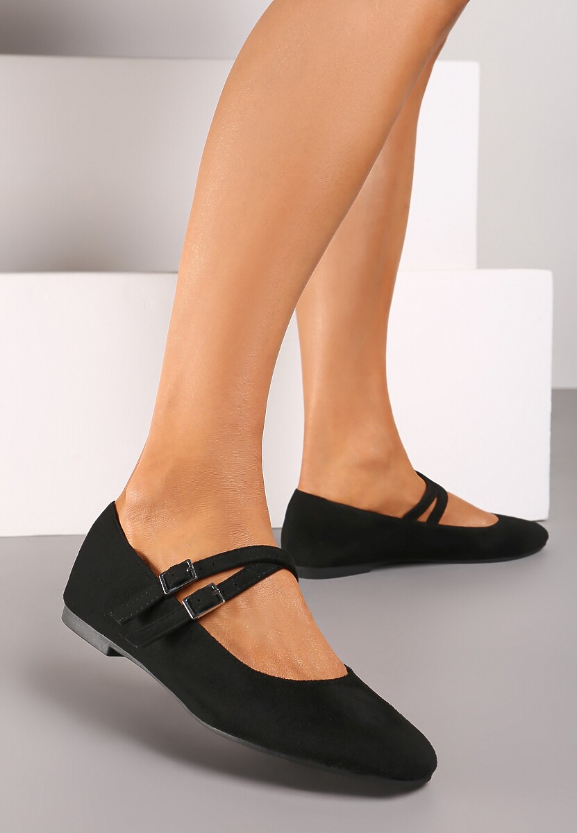 Czarne Balerinki o Kwadratowym Nosku z Paskami i Eleganckimi Klamerkami Nailan