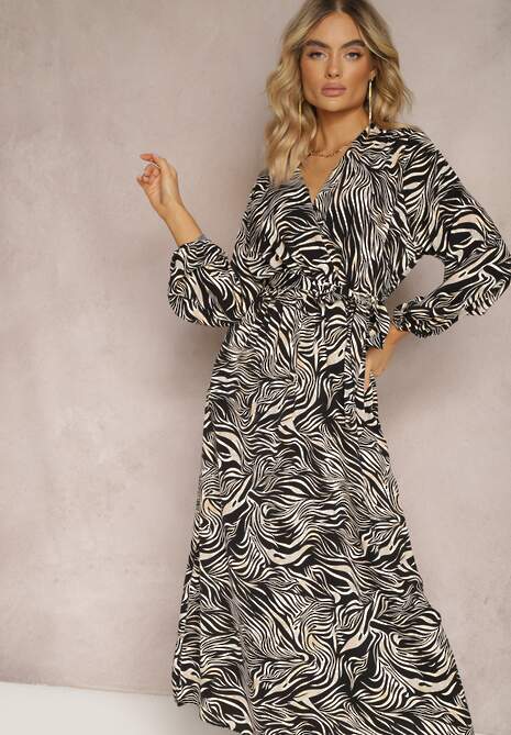 Czarna Kopertowa Sukienka Długa w Abstrakcyjny Wzór z Paskiem w Talii Elennora