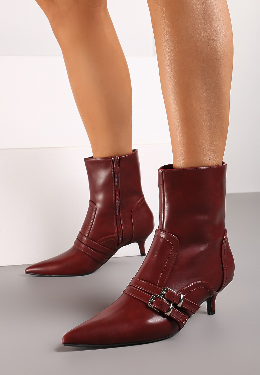 Bordowe Botki na Kaczuszce z Paskami i Metalowymi Klamrami Merellia