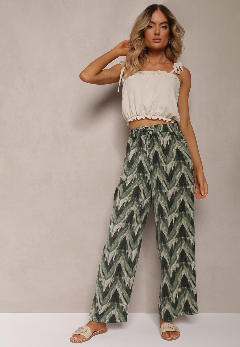 Beżowo-Brązowe Szerokie Spodnie z Gumką i Wiązaniem w Talii Vayolet