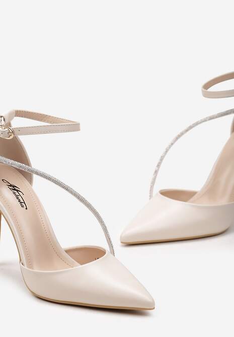 Beżowe Szpilki z Cyrkoniami na Pasku i Zapięciem przy Kostce Zefiria