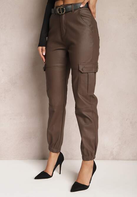 Brązowe Spodnie Cargo z Ekoskóry ze Ściągaczem Selani