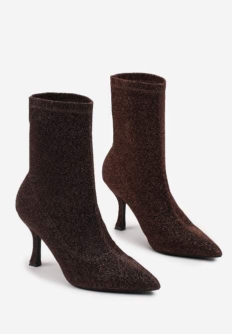 Brązowe Skarpetkowe Botki na Szpilce z Elastycznego Materiału z Brokatowym Połyskiem Sulcia