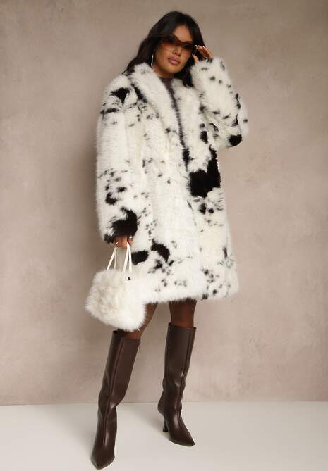 Biało-Brązowy Długi Futrzany Płaszcz w Krowie Łaty Otirona
