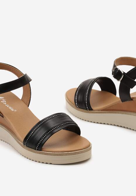 Czarne Sandały na Koturnie z Platformą Ozdobione Cyrkoniami  Wistalas