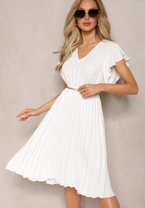 Biała Rozkloszowana Sukienka Midi z Plisami na Dole Nairata