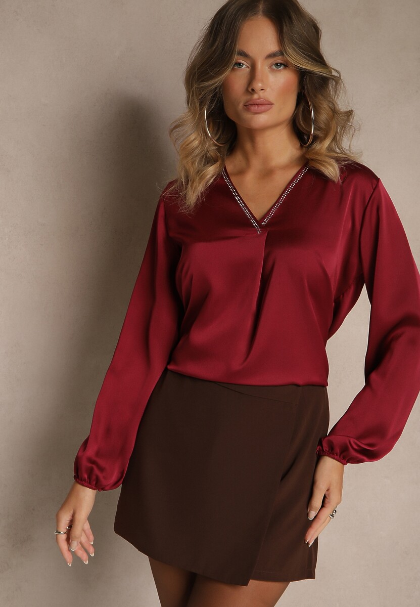 Ciemnozielona Bluzka Satynowa z Trójkątnym Dekoltem Meli