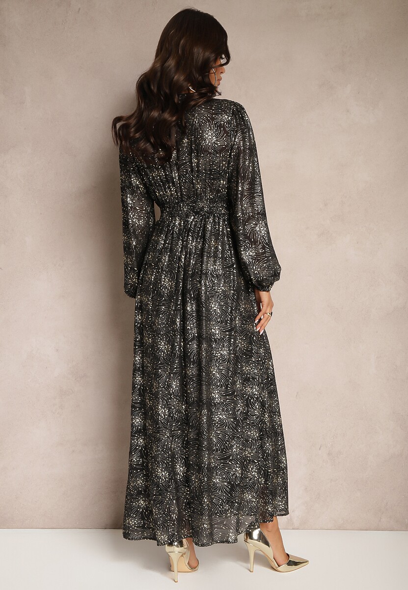 Czarna Rozkloszowana Sukienka z Ozdobnym Metalicznym Wzorem i Gumką w Talii Bonina