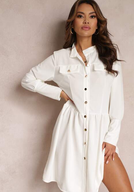 Biała Sukienka Mini z Kołnierzem i Ozdobnymi Klapami Zylana