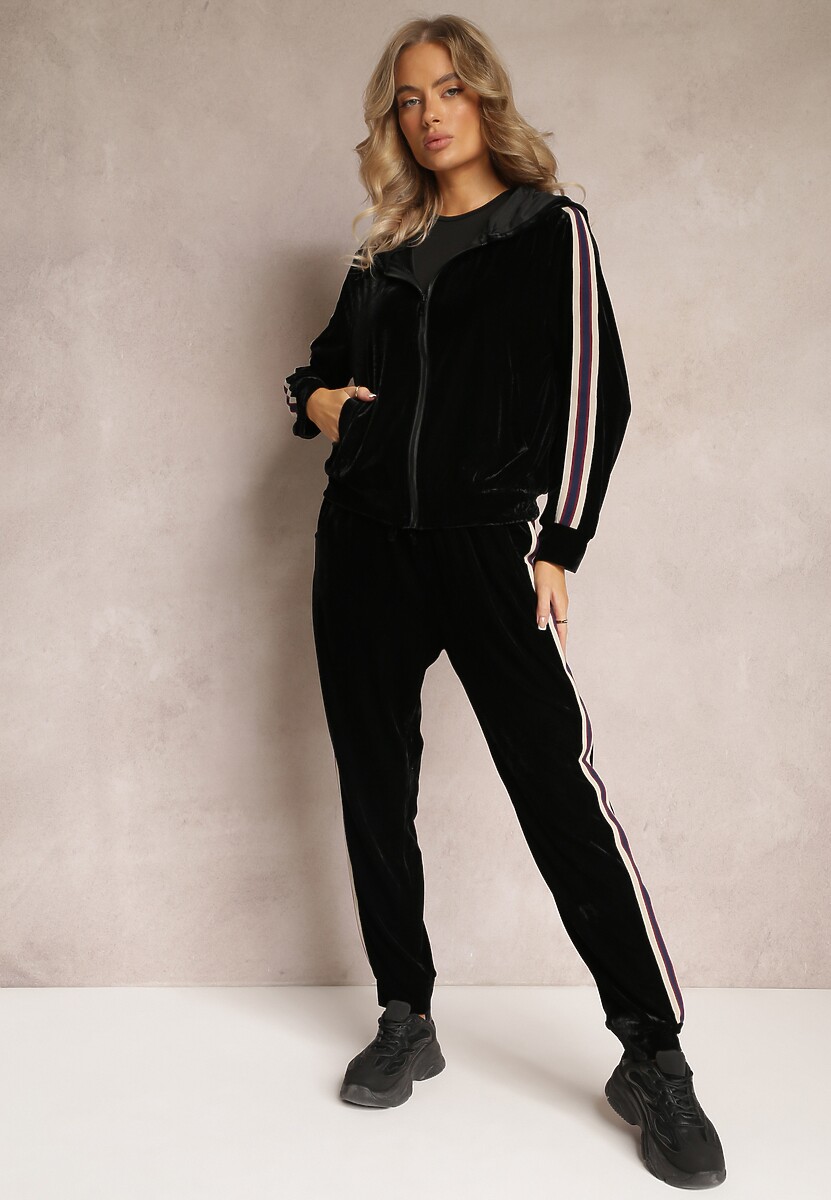 Czarny Welurowy Komplet Dresowy 2-Częściowy Bluza na Suwak i Spodnie na Gumce Ozdobiony Lampasami Yamase