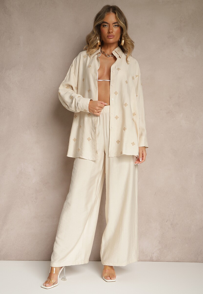 Jasnobeżowy Komplet z Wiskozy Koszula Zdobiona Haftem i Szerokie Spodnie Hanarella