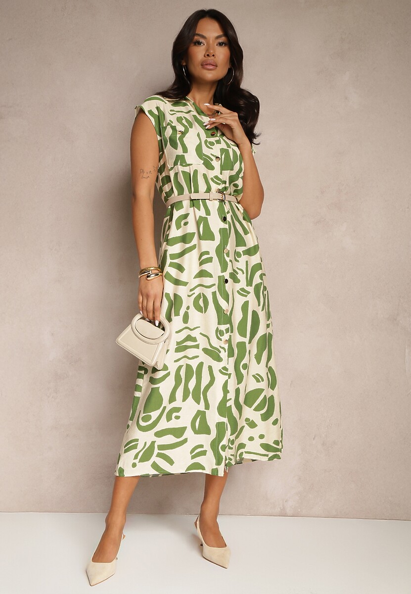 Zielona Sukienka Koszulowa z Kieszeniami w Geometryczny Print Arathia