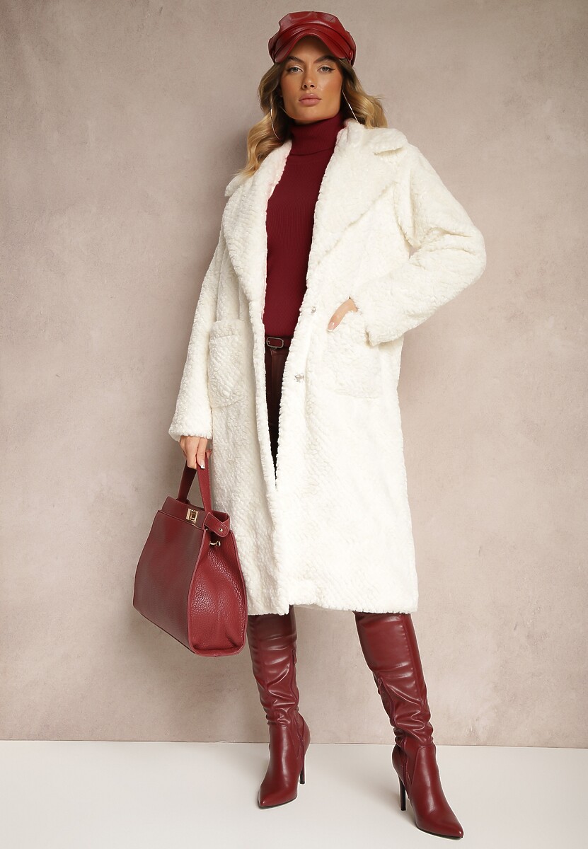 Biały Futrzany Płaszcz Ozdobiony Pikowaniem i Wsuwanymi Kieszeniami Vertissa