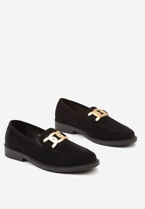 Czarne Mokasyny z Metalową Klamrą i Cholewką z Ekozamszu Vatile
