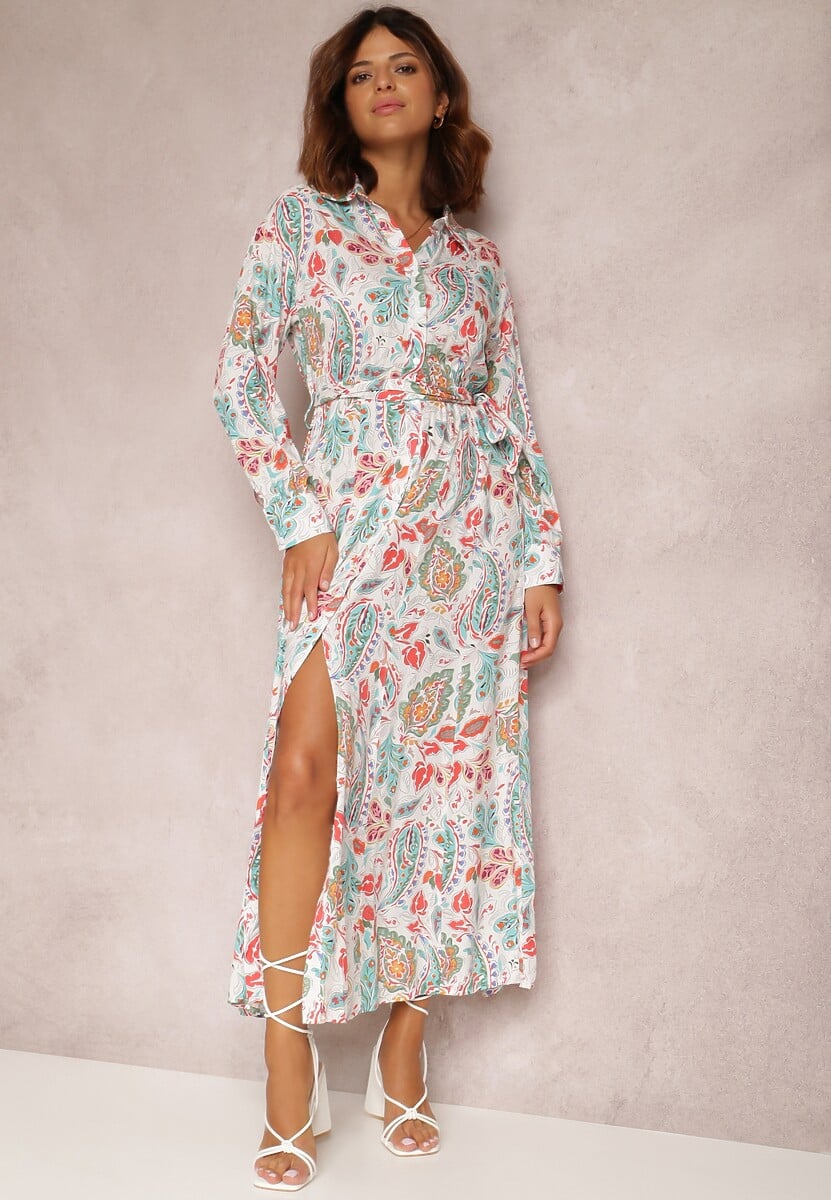 Biała Wiskozowa Sukienka Koszulowa w Roślinny Wzór Phellane