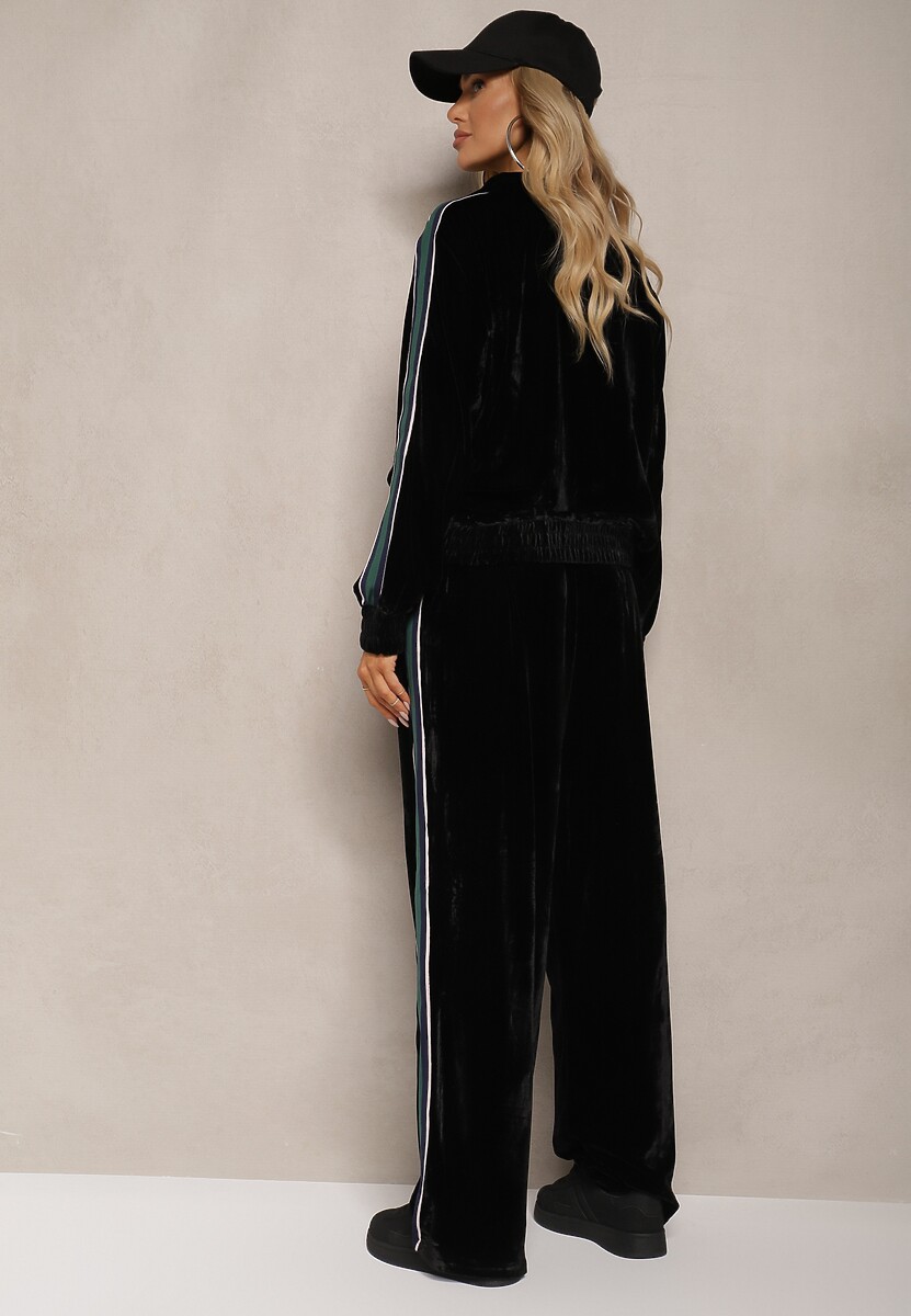 Czarny Welurowy Komplet Dresowy z Bluzą i Spodniami Zdobionymi Lampasem Linvella