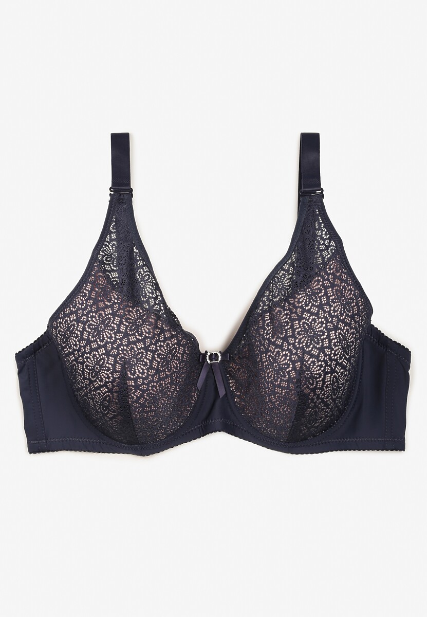 Granatowy Koronkowy Biustonosz Full Cup z Ozdobnymi Cyrkoniami na Kokardce Nikoriana