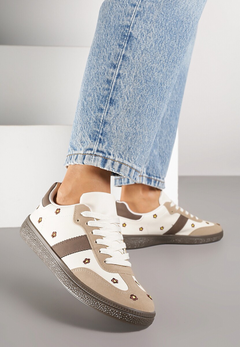 Beżowe Sneakersy Tenisówki Ozdobione Kwiatkami Zummine