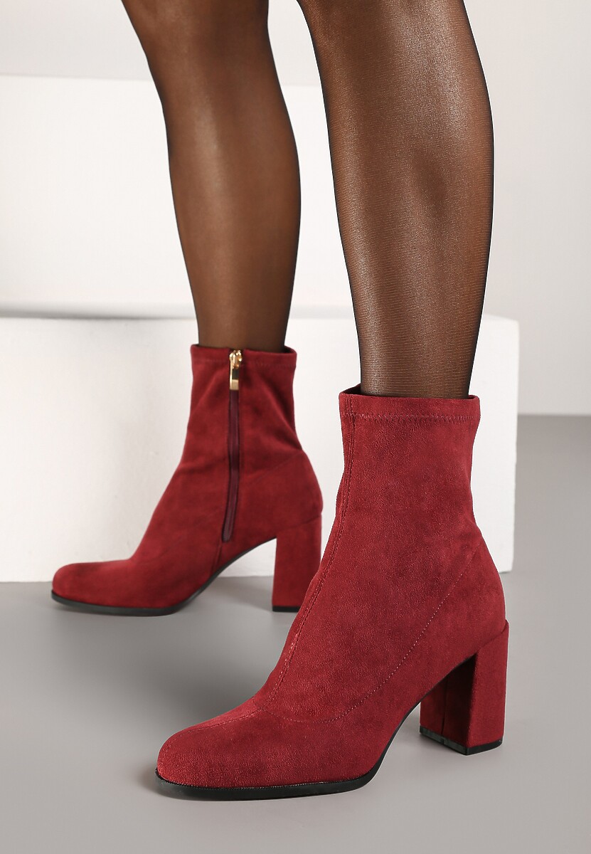 Bordowe Botki Vices z Imitacji Zamszu na Słupku z Cholewką za Kostkę Innaliria