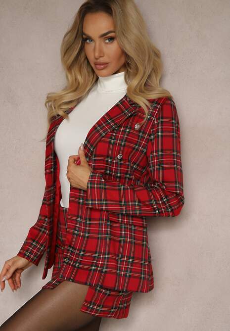 Czerwona Taliowana Marynarka Dwurzędowa z Wiskozą w Kratę Deliane