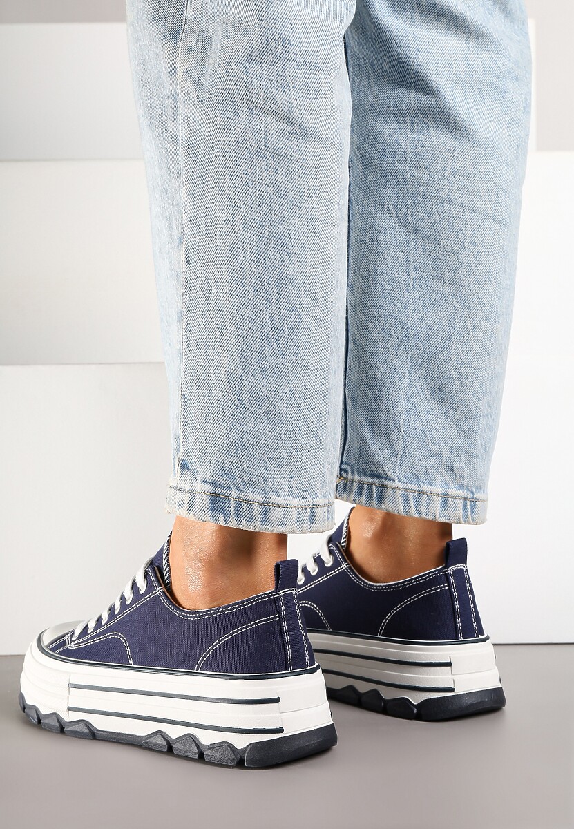 Granatowe Trampki na Platformie z Paskami i Niską Cholewką Zienelle