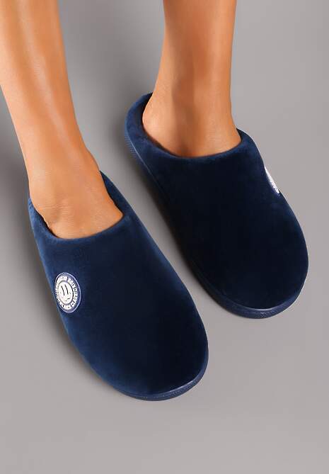 Granatowe Kapcie na Płaskiej Podeszwie Ozdobione Futerkiem w Stylu Baranka Mairelle