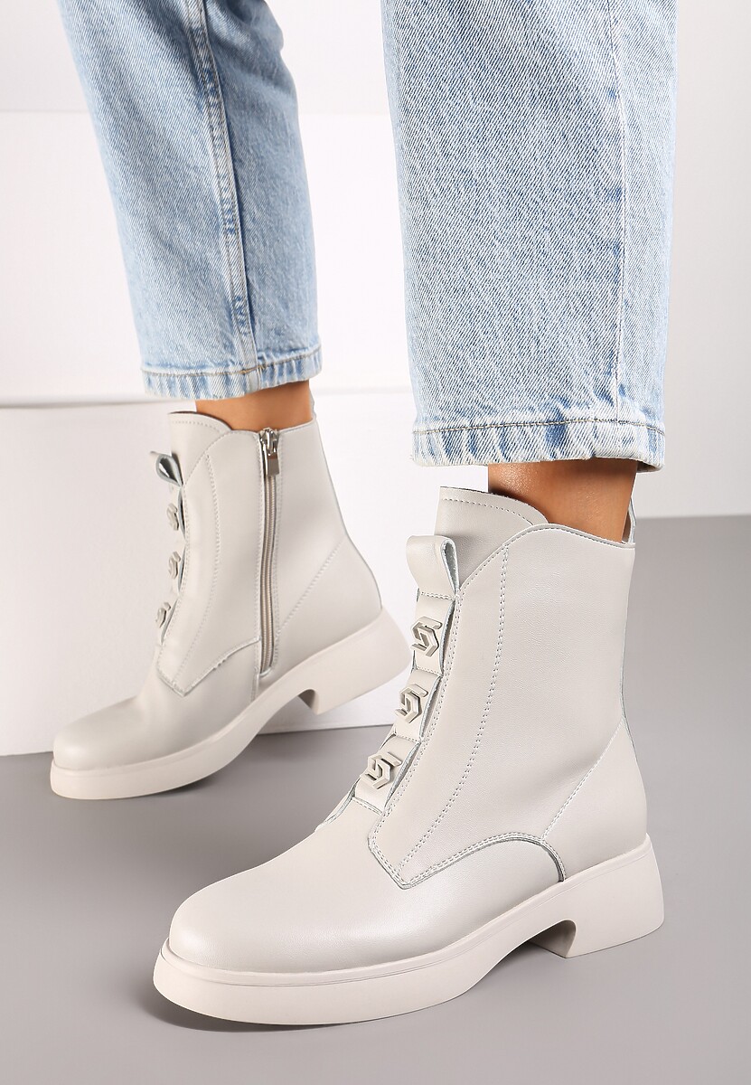 Beżowe Płaskie Casualowe Botki z Ociepleniem Evalinae