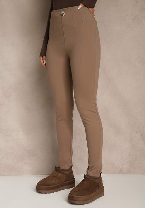 Ciemnobeżowe Legginsy High Waist z Wiskozą z Cyrkoniowym Guzikiem Naliselle