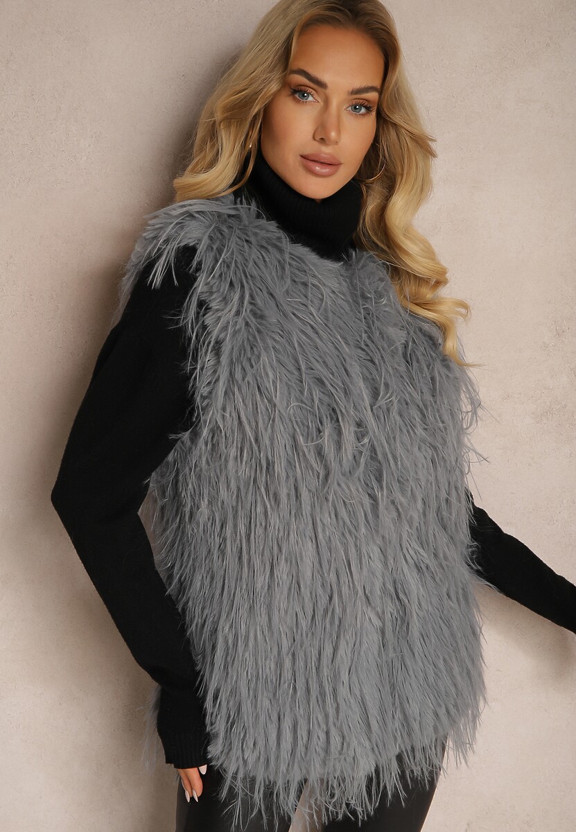 Ciemnoszara Futerkowa Kamizelka o Prostym Kroju z Kieszeniami Venialith