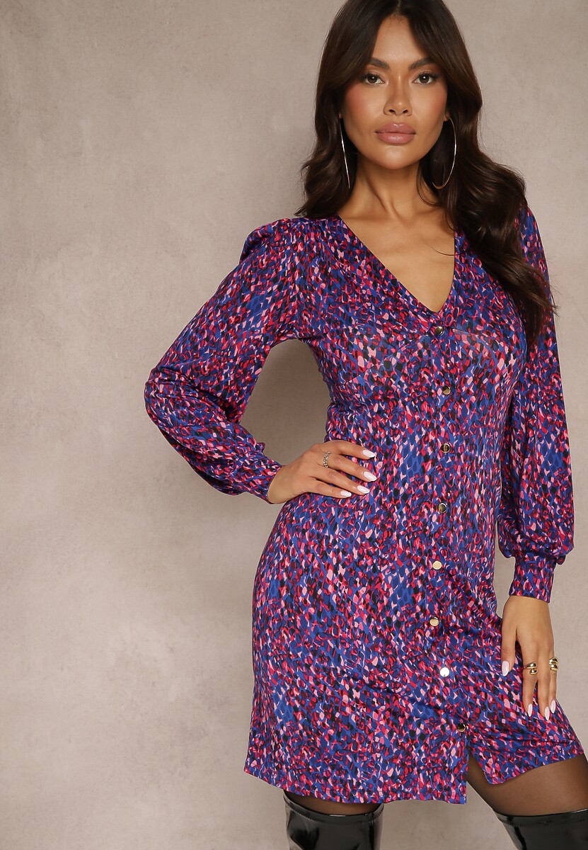 Zielona Wzorzysta Sukienka Mini z Głębokim Dekoltem i Mankietami Leossa