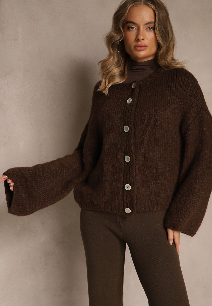 Brązowy Nietoperzowy Kardigan z Domieszką Wełny i Wiskozy Lianavia
