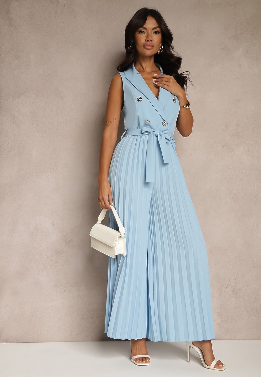 Niebieski Kombinezon Taliowany w Garniturowym Stylu z Paskiem i Guzikami Fillomia