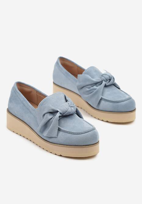 Niebieskie Mokasyny z Ekozamszu na Niskiej Platformie z Ozdobną Kokardą Nusalena