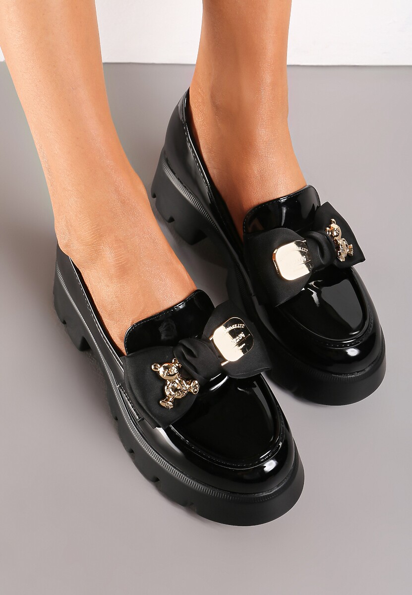 Czarne Wsuwane Mokasyny z Lakierowanej Ekoskóry z Ozdobną Kokardką Nimena