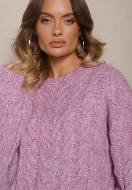 Fioletowy Sweter z Domieszką Wełny o Prostym Kroju Zdobiony Splotem w Warkocz Durira
