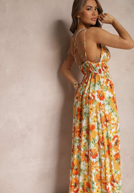 Żółta Rozkloszowana Sukienka z Wiskozy na Ramiączkach w Kwiaty z Odkrytymi Plecami Allaine