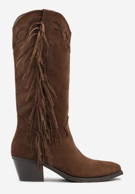 Brązowe Kozaki Kowbojki na Stożku Ozdobione Frędzlami Reianeva