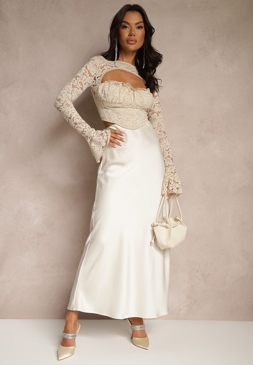 Beżowa Bluzka z Koronki Zdobiona Rozcięciem przy Dekolcie i Rozkloszowanymi Rękawami Selanda