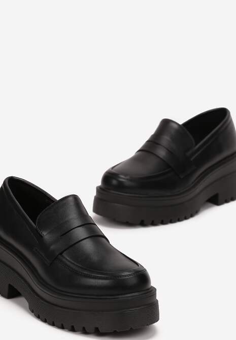 Czarne Mokasyny na Grubej Podeszwie z Protektorem i Motywem w Cętki Asinate