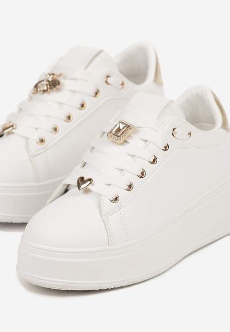 Biało-Złote Sportowe Sneakersy z Aplikacją w Kształcie Owada i Cyrkoniami Renice