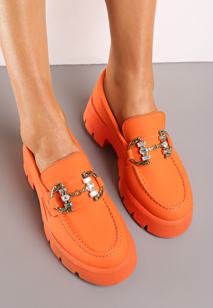 Pomarańczowe Mokasyny z Grubą Podeszwą w Kolorze Cholewki z Klamrą Rosarose