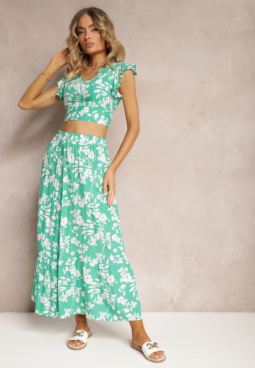 Zielony Wiskozowy Komplet w Kwiatki z Bluzką i Rozkloszowaną Spódnicą Pienara