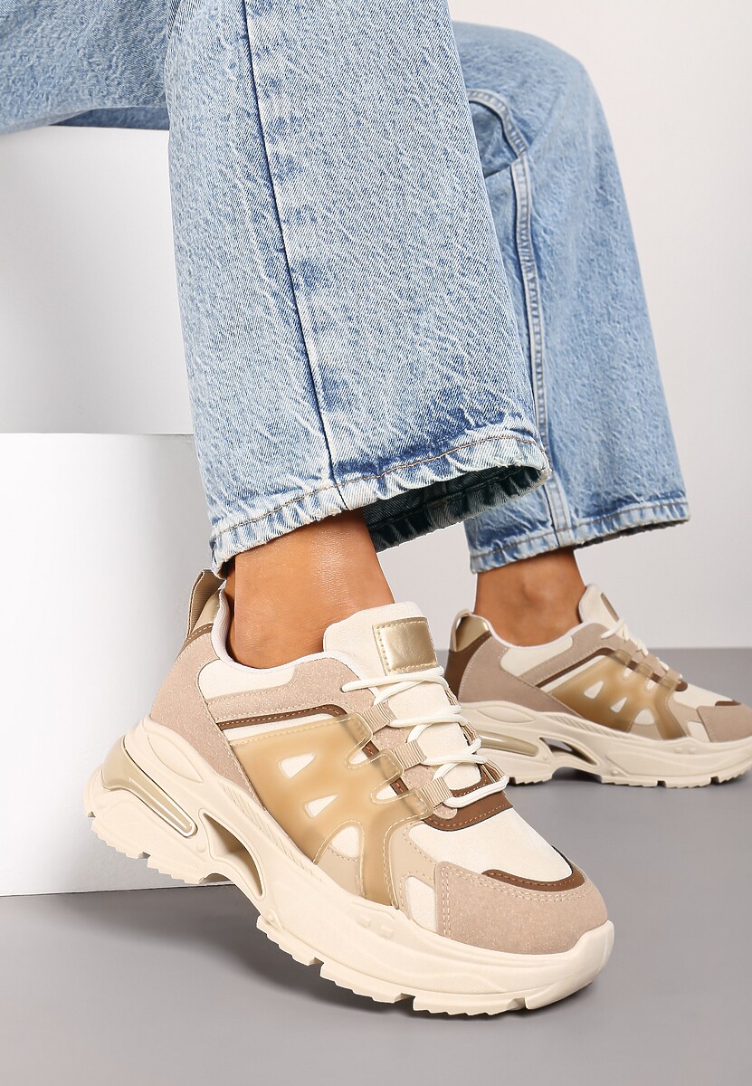 Ciemnobeżowe Sznurowane Sneakersy na Tłoczonej Platformie Nevettine