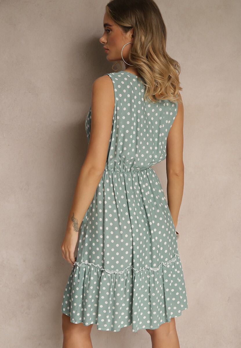 Jasnozielona Rozkloszowana Sukienka z Bawełną i Wiskozą ze Wzorem Kropek Lilamora