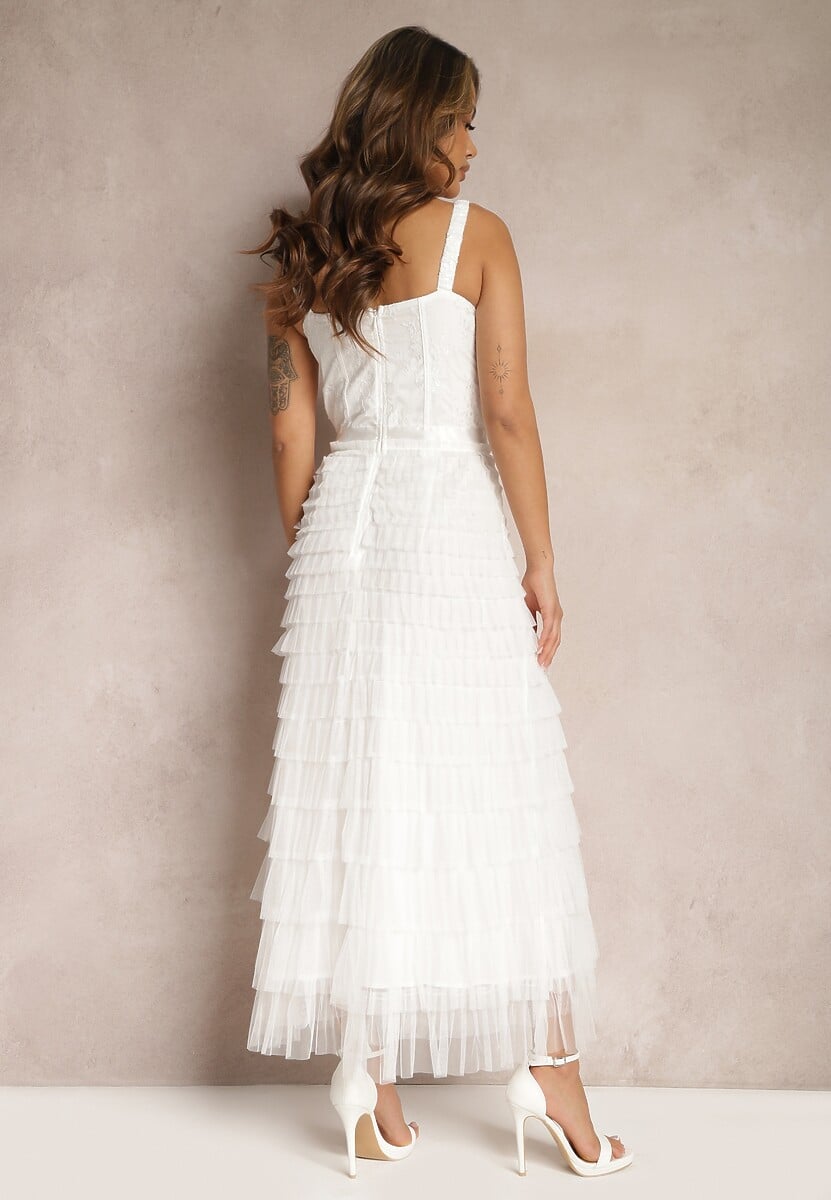 Biała Maxi Sukienka Rozkloszowana Sukienka na Ramiączkach z Gorsetową Górą Ocartia