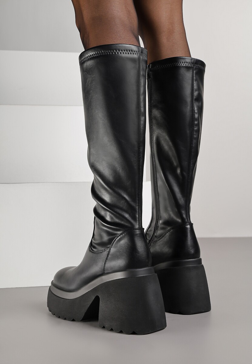 Czarne Kozaki na Słupku i Platformie z Dopasowaną Cholewką Avelgissa