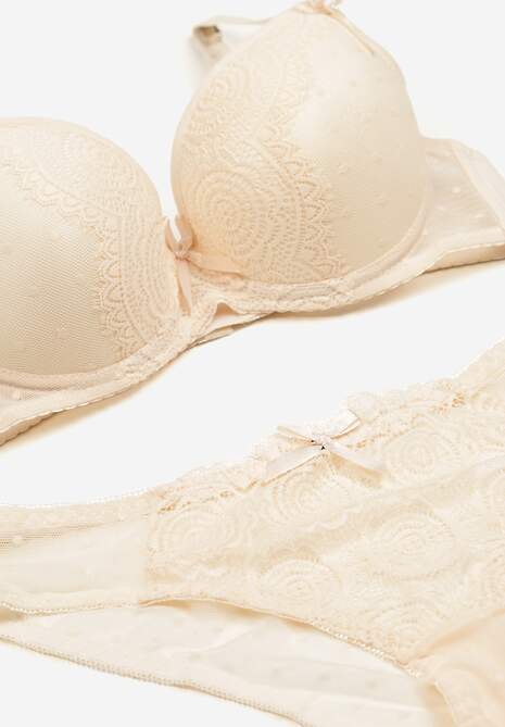 Beżowy Komplet z Koronki Majtki Typu Figi i Biustonosz z Kokardami i Usztywnieniem Arrbelia