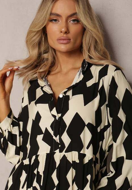 Beżowo-Czarna Koszulowa Sukienka Maxi w Geometryczny Wzór Qerida